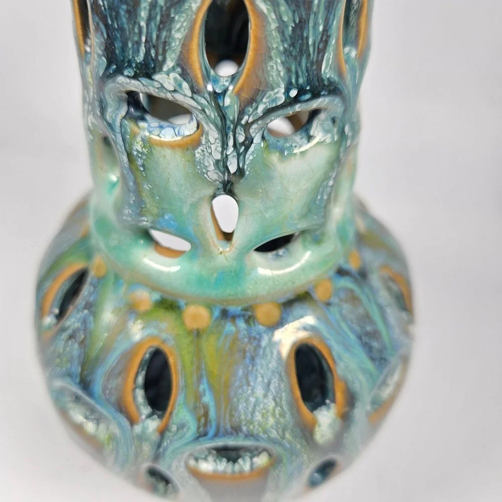 Beautiful‎ Chiminea Handmade Iridescent Glazed Ceramic Candle Holder blue green